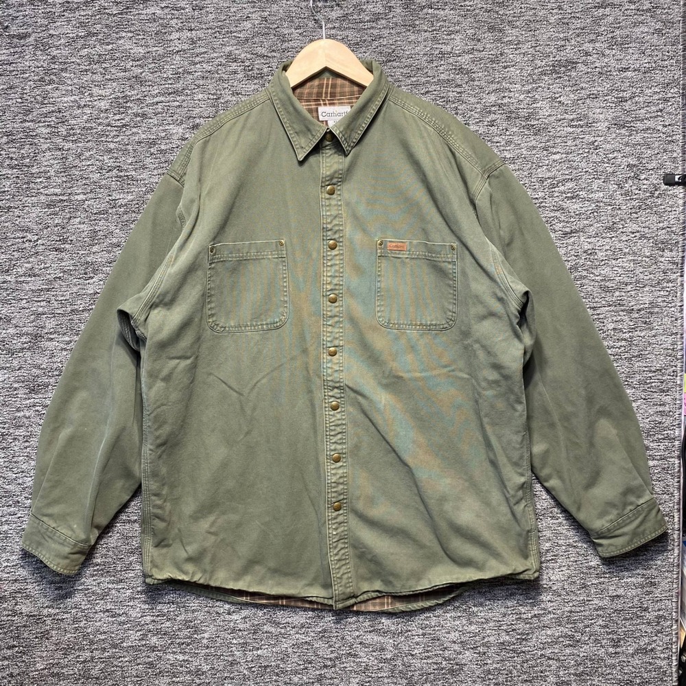 Carhartt Flannel Lined Canvas Shirt Jacket Sz XL Tall Olive Green Button Up Work